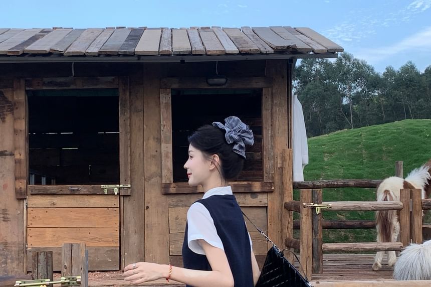 Plain Mini Skirt Sweater / Short Sleeve High Neck Waist A-Line Collared Vest Shirt Round