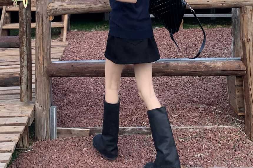 Plain Mini Skirt Sweater / Short Sleeve High Neck Waist A-Line Collared Vest Shirt Round