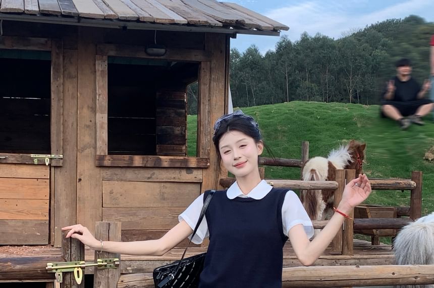 Plain Mini Skirt Sweater / Short Sleeve High Neck Waist A-Line Collared Vest Shirt Round