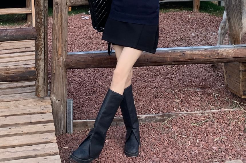 Plain Mini Skirt Sweater / Short Sleeve High Neck Waist A-Line Collared Vest Shirt Round