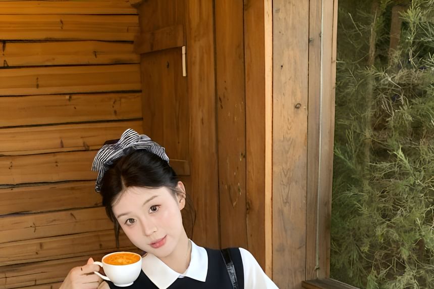 Plain Mini Skirt Sweater / Short Sleeve High Neck Waist A-Line Collared Vest Shirt Round