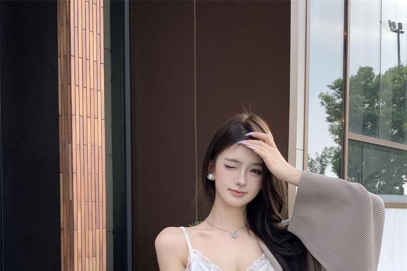 V-Neck High Pencil Open Waist Fringe Skirt Maxi Jacket Top Camisole Plain Trim / Front Lace