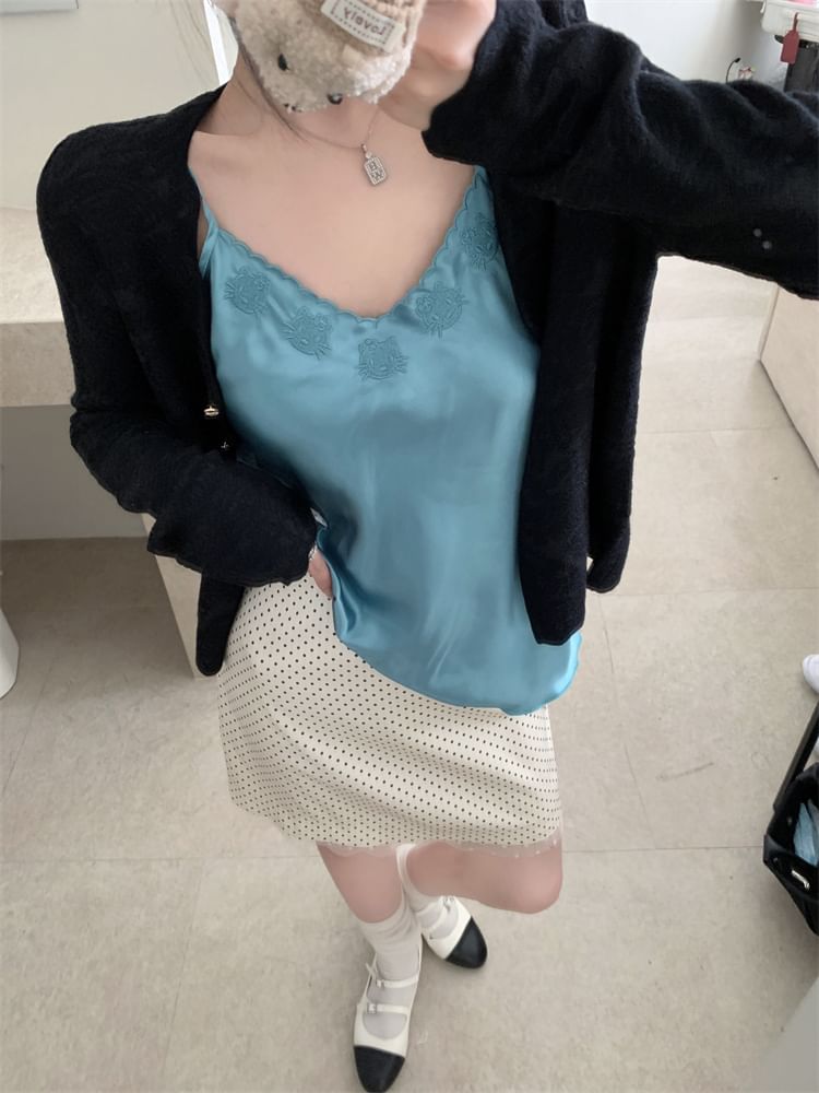 Cami Plain Dotted / V-Neck Embroidered High Cardigan Skirt Top Mini Rise Pencil Satin