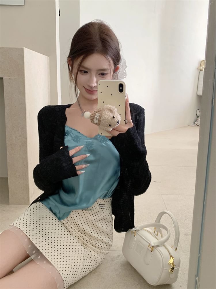 Cami Plain Dotted / V-Neck Embroidered High Cardigan Skirt Top Mini Rise Pencil Satin