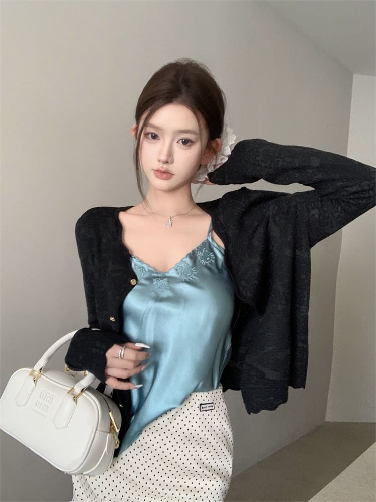 Cami Plain Dotted / V-Neck Embroidered High Cardigan Skirt Top Mini Rise Pencil Satin