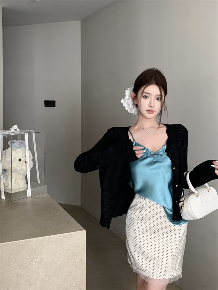 Cami Plain Dotted / V-Neck Embroidered High Cardigan Skirt Top Mini Rise Pencil Satin