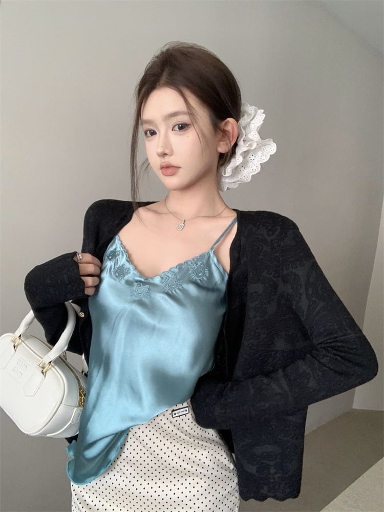 Cami Plain Dotted / V-Neck Embroidered High Cardigan Skirt Top Mini Rise Pencil Satin