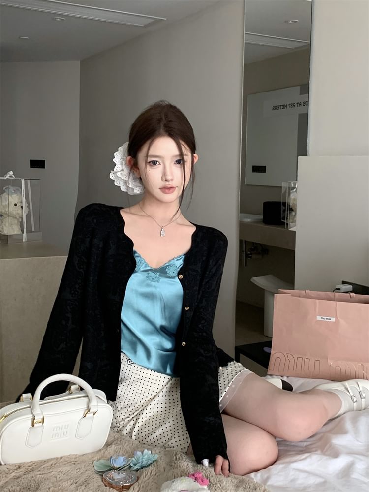 Cami Plain Dotted / V-Neck Embroidered High Cardigan Skirt Top Mini Rise Pencil Satin