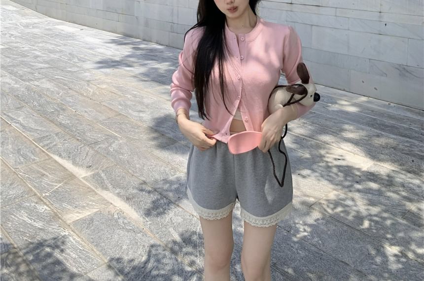 / Padded High Sweat V-Neck Plain Waist Panel Top Neck Lace Round Camisole Shorts Cardigan