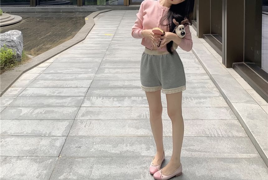 / Padded High Sweat V-Neck Plain Waist Panel Top Neck Lace Round Camisole Shorts Cardigan