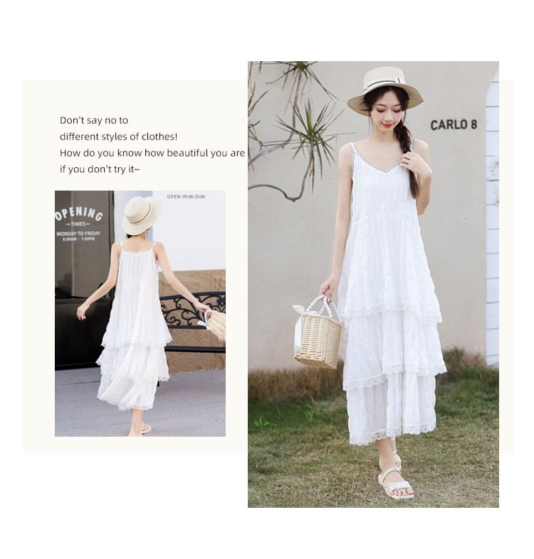 Lace Maxi A-Line Dress with V-Neck and Thin Straps