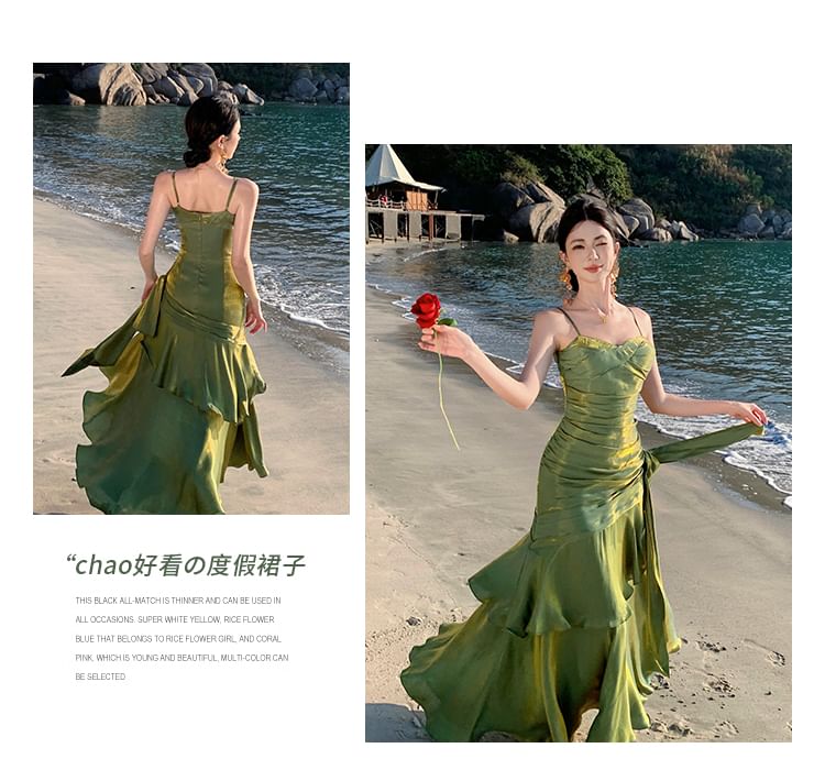 Sweetheart Neck Ruffle Trim Mermaid Evening Dress with Spaghetti Straps