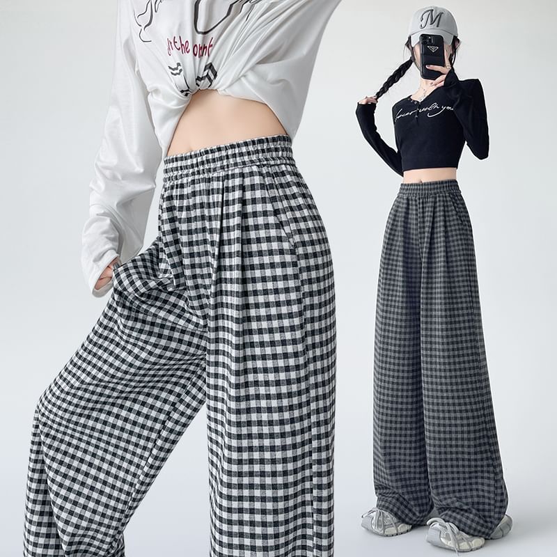 (Various Elastic Designs) Leg Plaid Pants Wide Waist