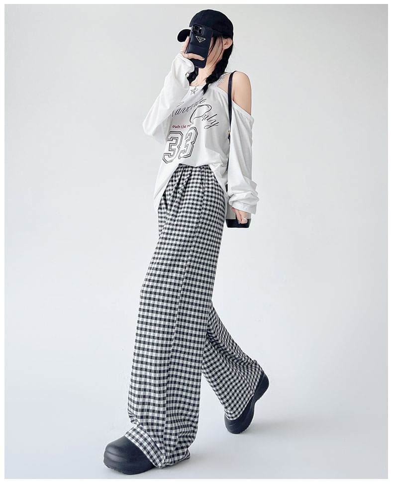 (Various Elastic Designs) Leg Plaid Pants Wide Waist