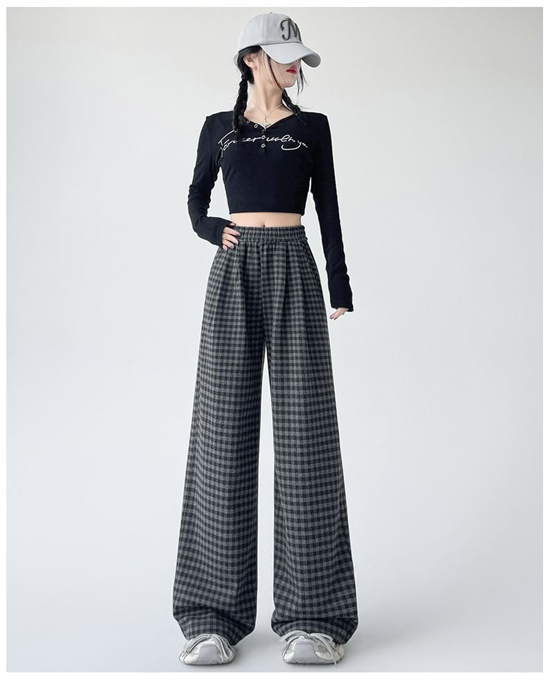 (Various Elastic Designs) Leg Plaid Pants Wide Waist