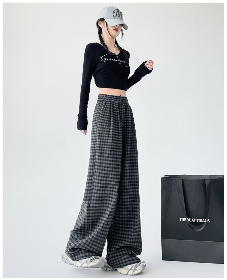 (Various Elastic Designs) Leg Plaid Pants Wide Waist