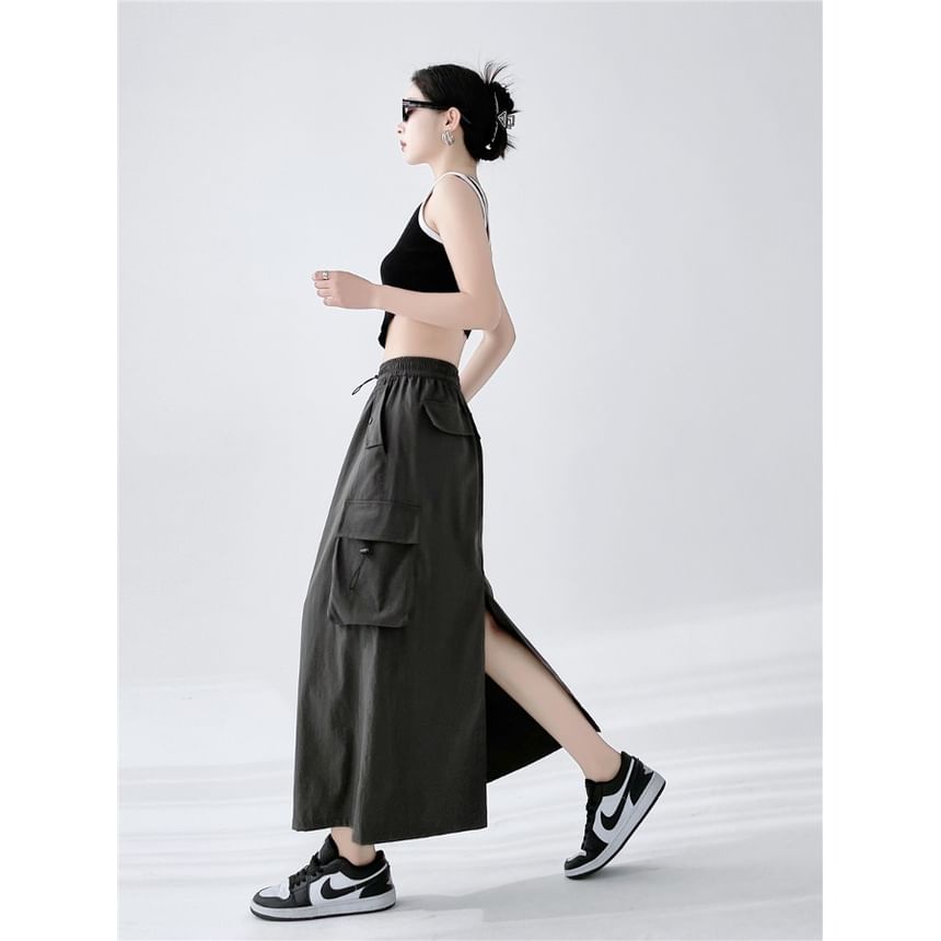 Skirt Midi Slit A-Line Cargo Plain Waist Drawstring