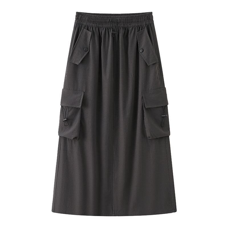 Skirt Midi Slit A-Line Cargo Plain Waist Drawstring