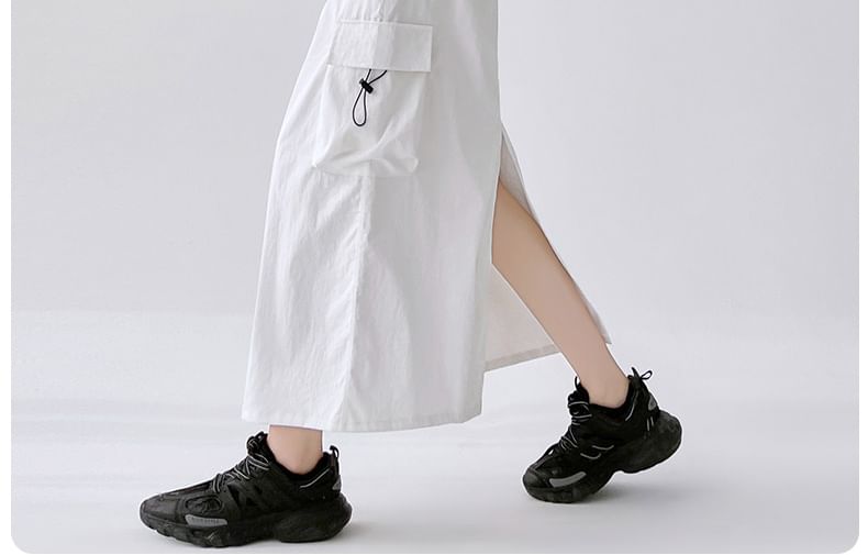 Skirt Midi Slit A-Line Cargo Plain Waist Drawstring
