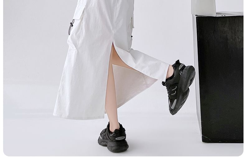 Skirt Midi Slit A-Line Cargo Plain Waist Drawstring