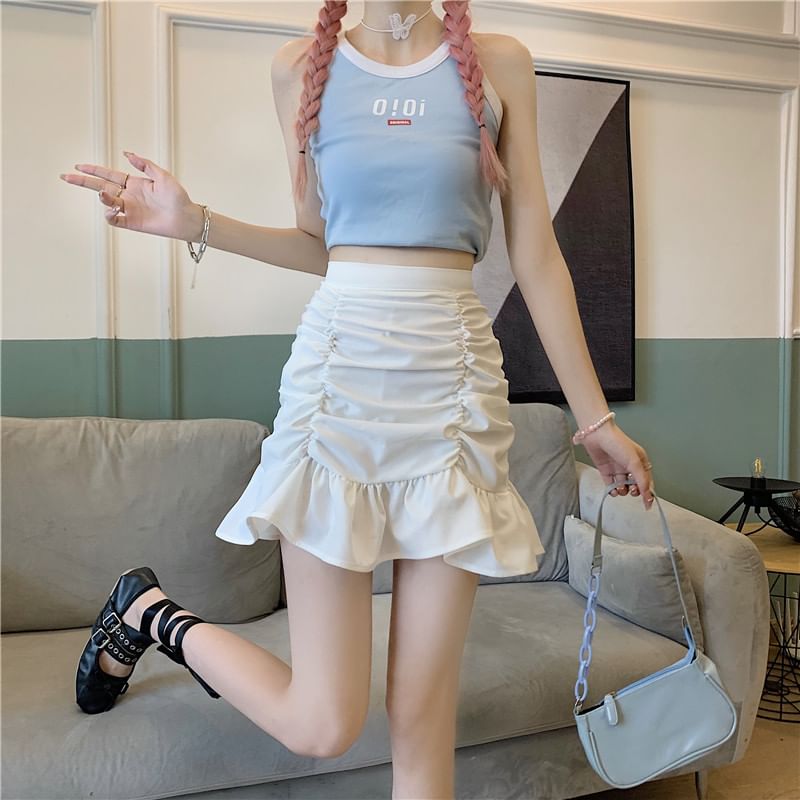 Mini High Pencil Waist Ruched Plain Skirt