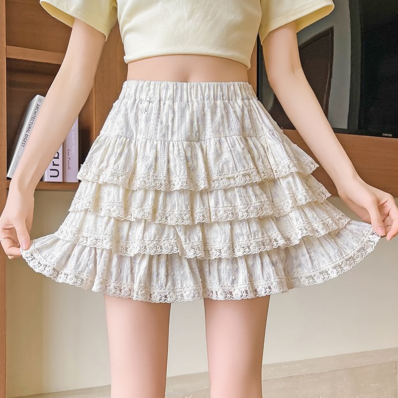 A-Line Plain Waist Elastic Tiered Lace Mini Trim Skirt