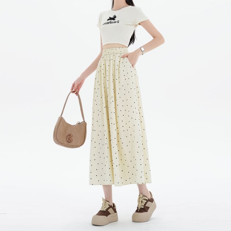 A-Line Dotted Elastic Skirt Waist Midi