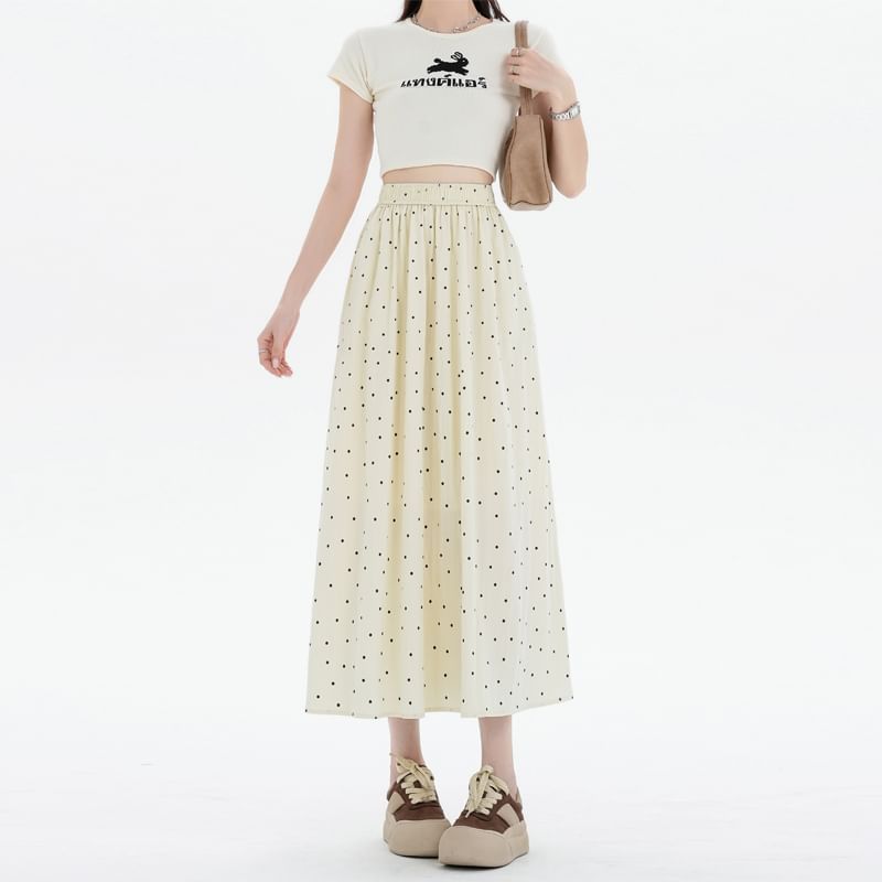 A-Line Dotted Elastic Skirt Waist Midi