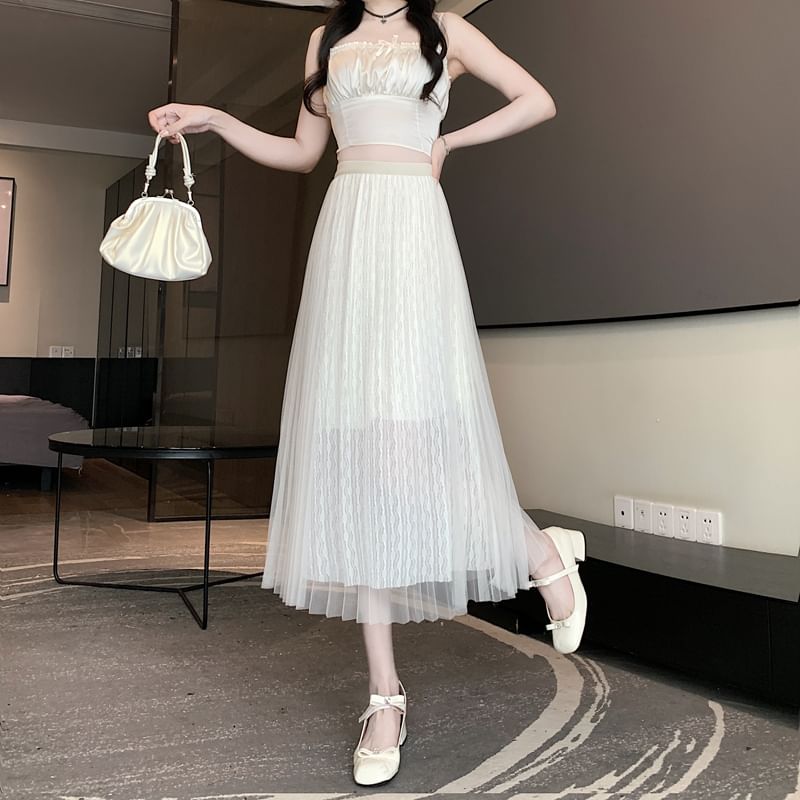 A-Line Skirt Midi Accordion Plain High Pleated Mesh Waist