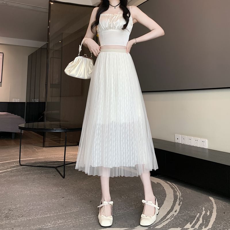 A-Line Skirt Midi Accordion Plain High Pleated Mesh Waist