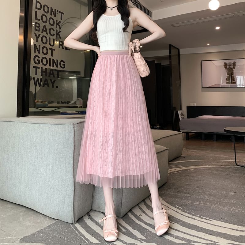 A-Line Skirt Midi Accordion Plain High Pleated Mesh Waist