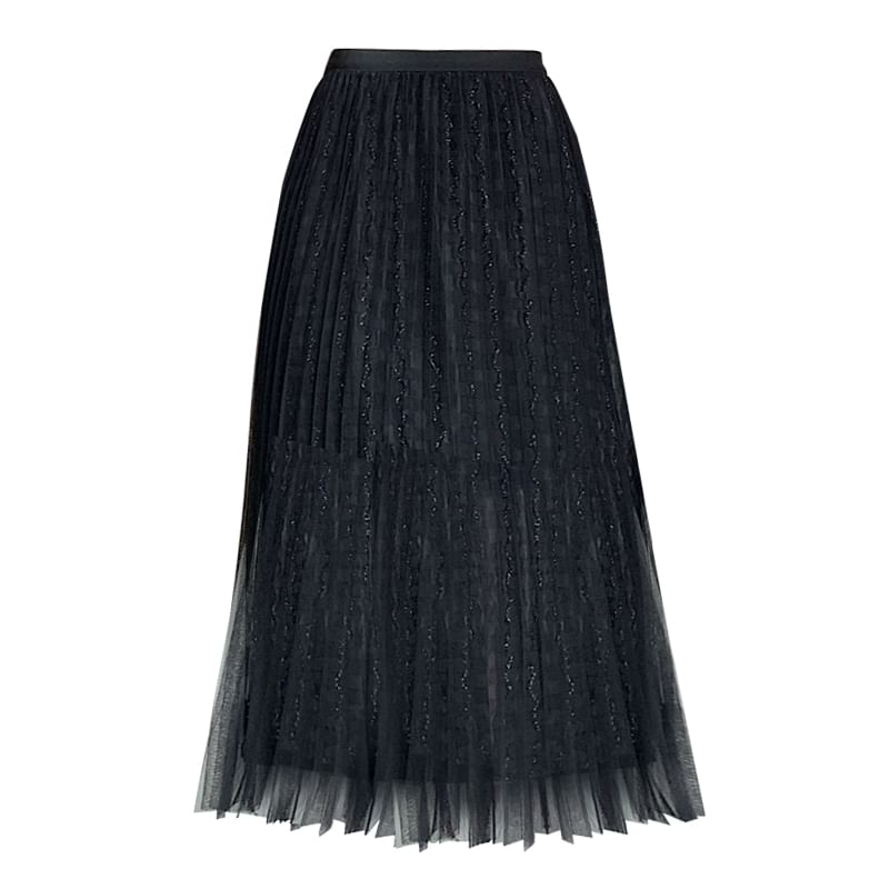 A-Line Skirt Midi Accordion Plain High Pleated Mesh Waist