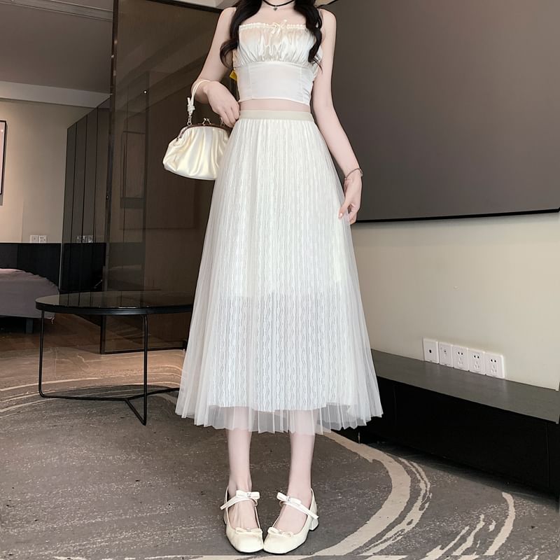 A-Line Skirt Midi Accordion Plain High Pleated Mesh Waist