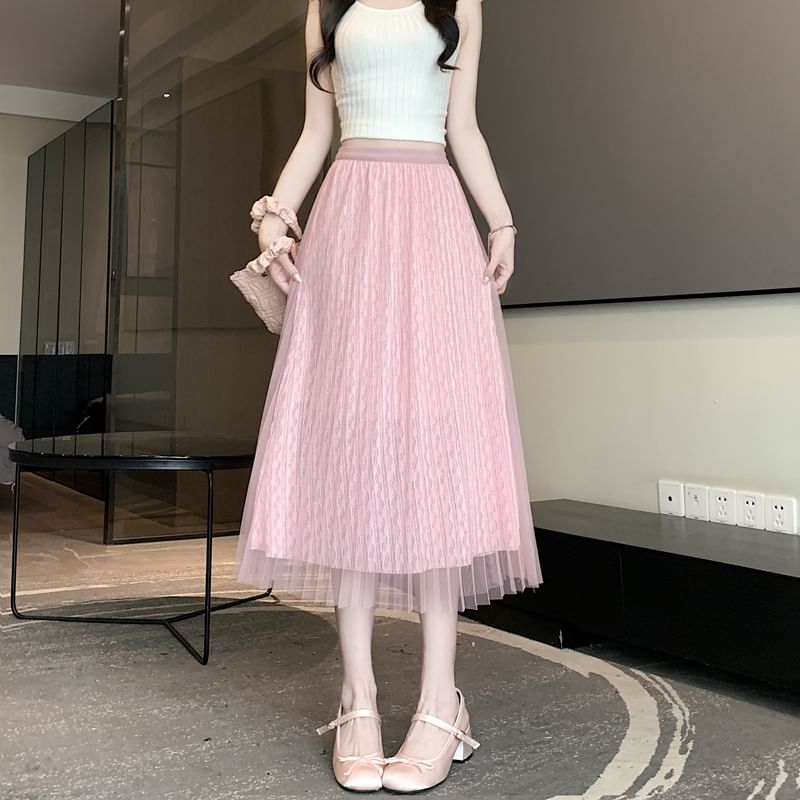A-Line Skirt Midi Accordion Plain High Pleated Mesh Waist