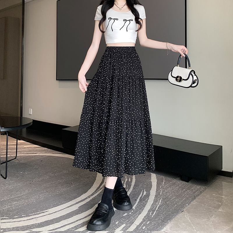 Skirt Midi A-Line Dotted Tiered Waist Elastic