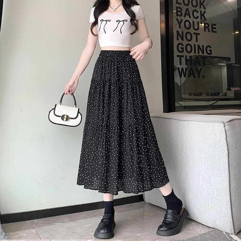 Skirt Midi A-Line Dotted Tiered Waist Elastic