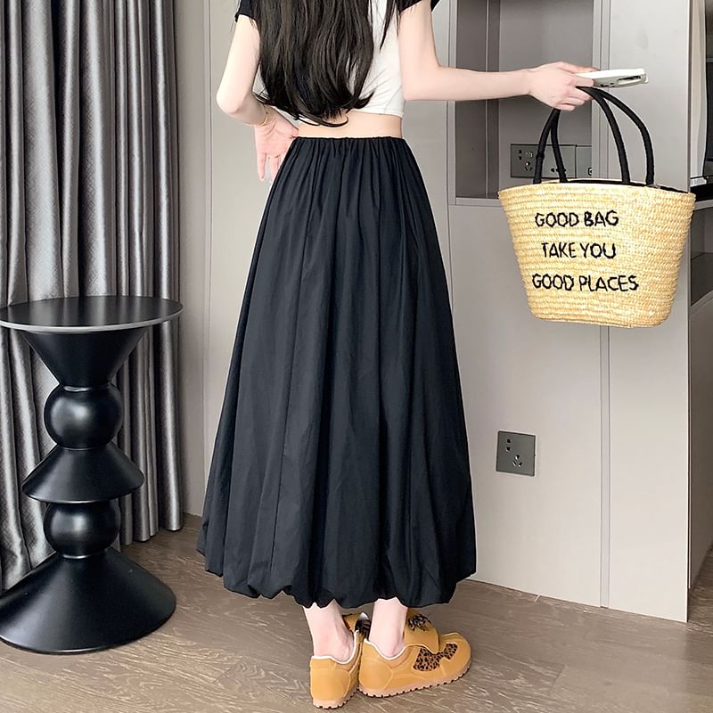 Bubble Skirt Midi Hem Elastic A-Line Waist Plain
