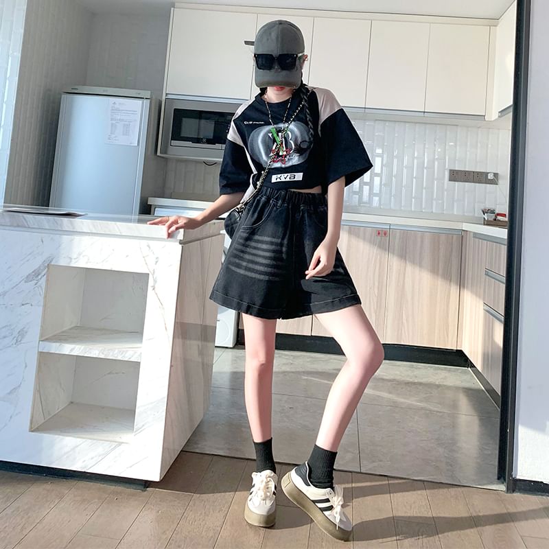 Elastic Shorts Waist Washed Denim