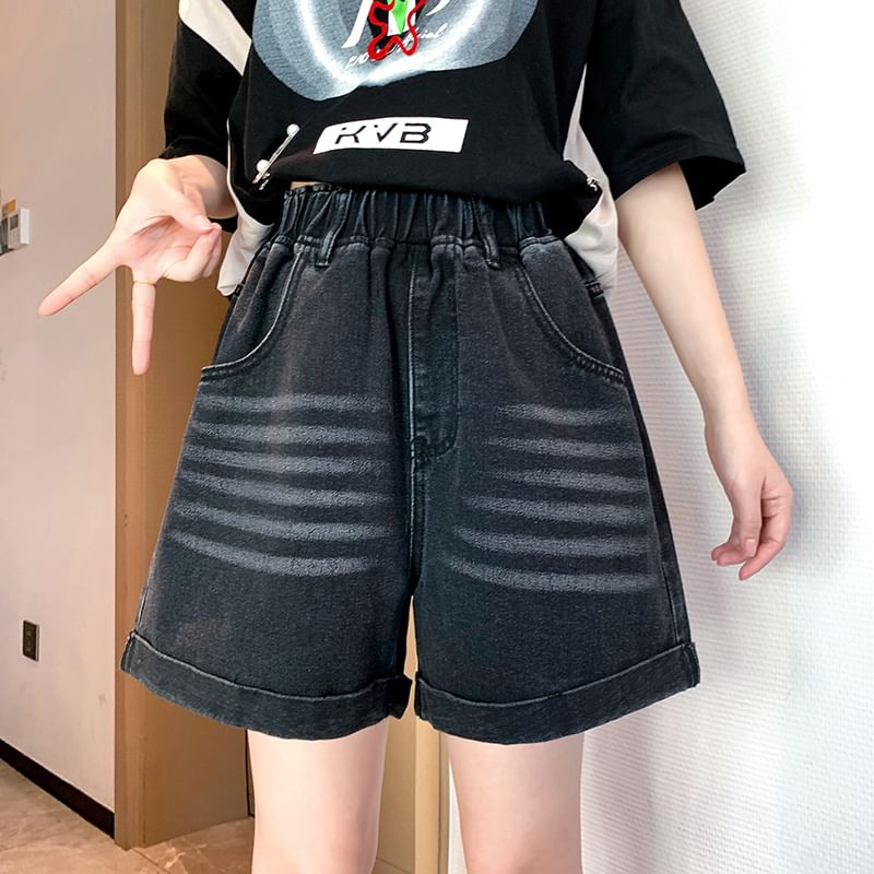 Elastic Shorts Waist Washed Denim