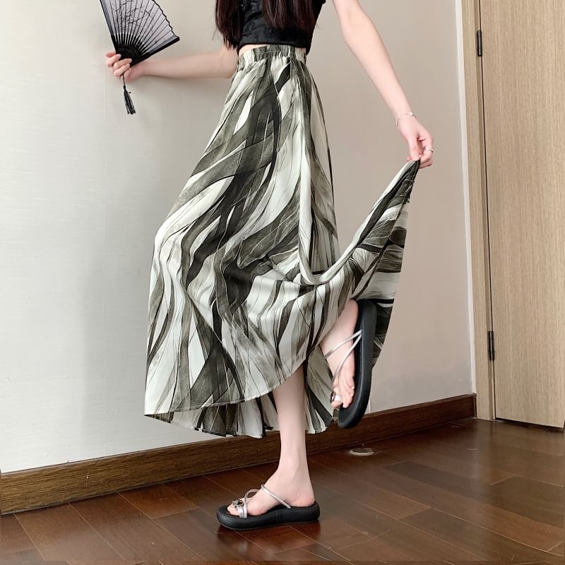 A-Line Waist Print Midi Elastic Skirt