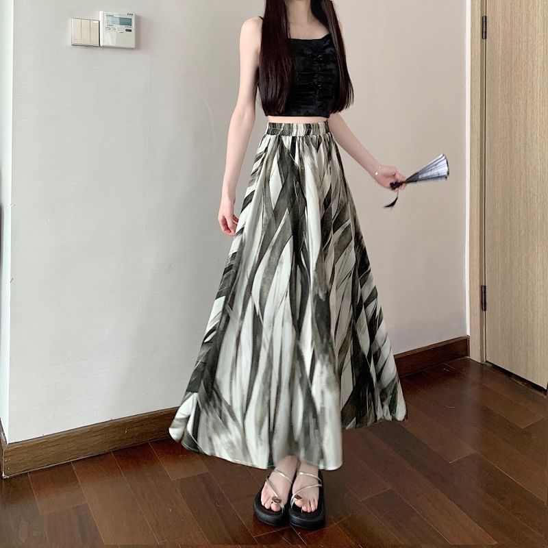 A-Line Waist Print Midi Elastic Skirt