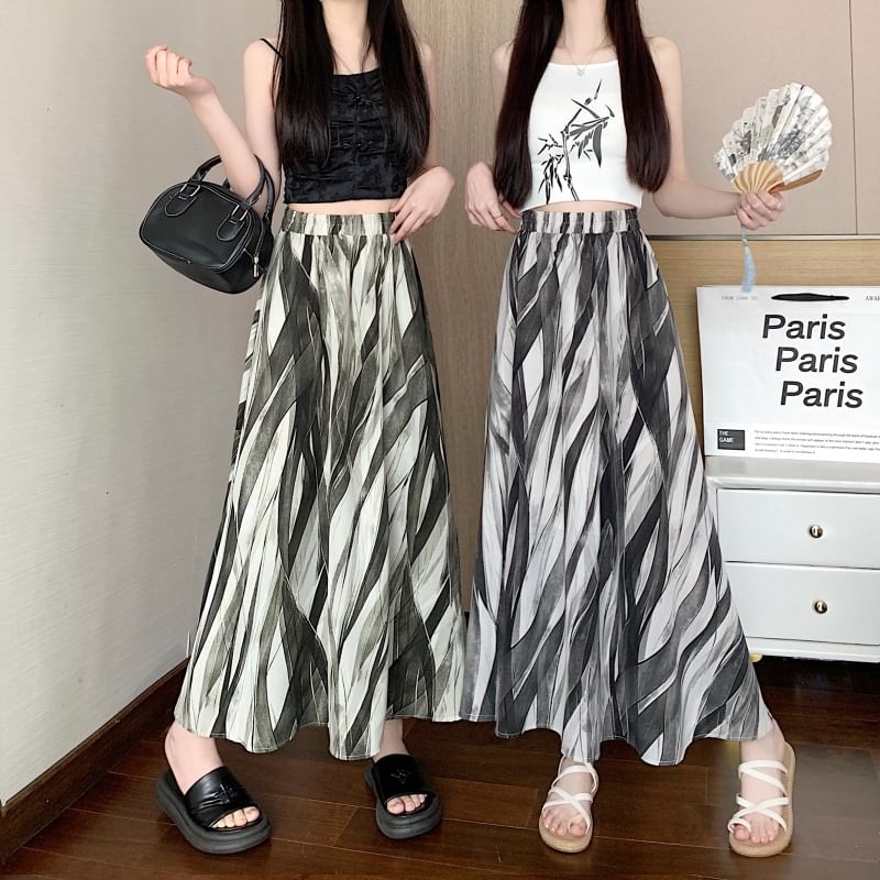 A-Line Waist Print Midi Elastic Skirt