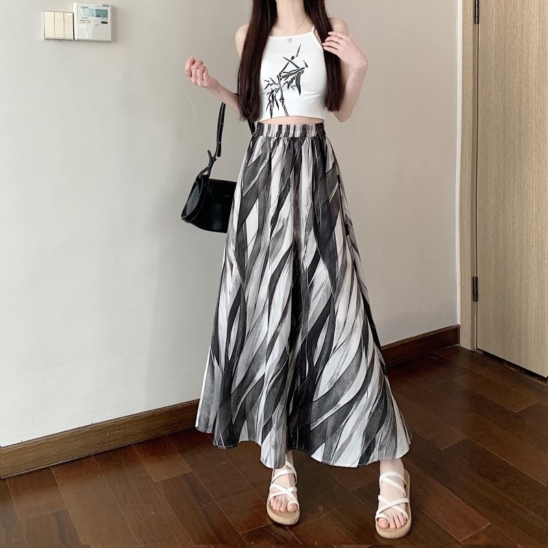 A-Line Waist Print Midi Elastic Skirt