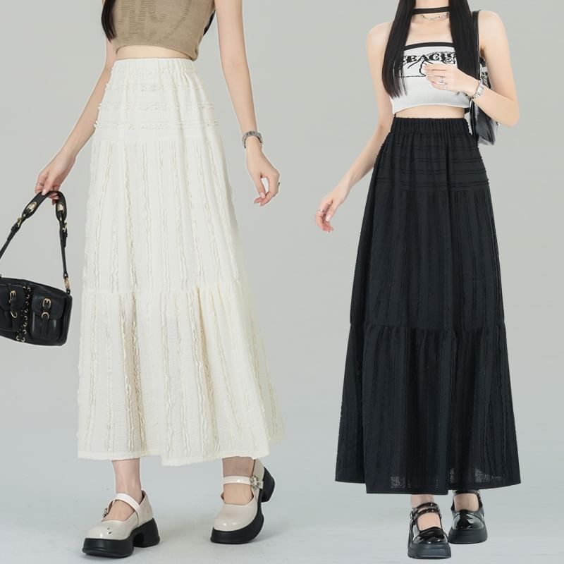 Skirt Elastic Waist Tiered Plain Midi A-Line