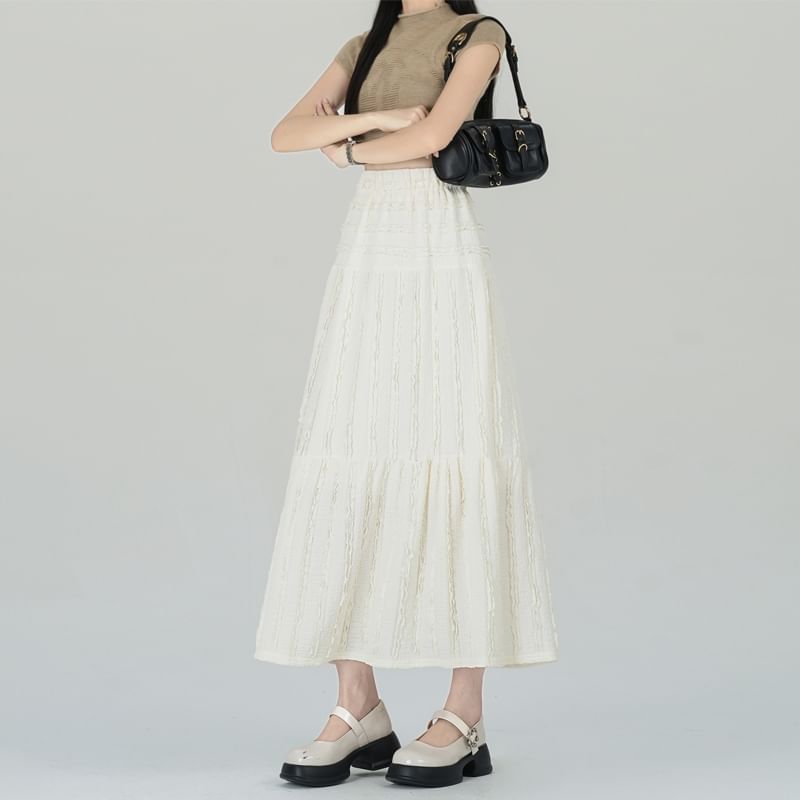 Skirt Elastic Waist Tiered Plain Midi A-Line