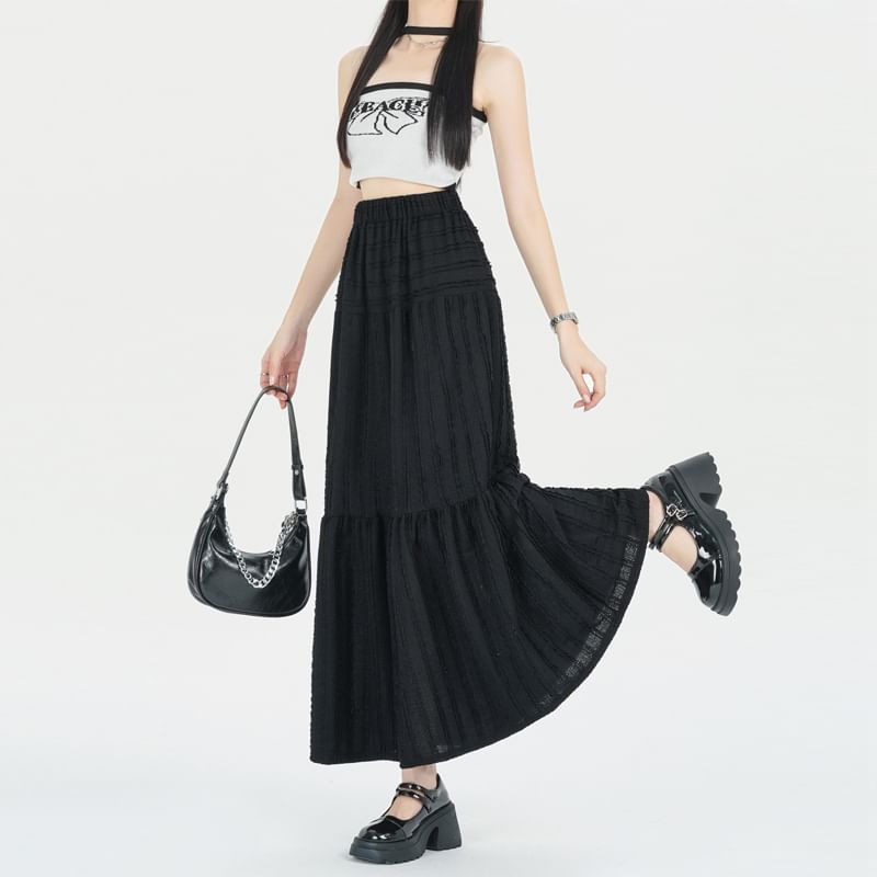Skirt Elastic Waist Tiered Plain Midi A-Line