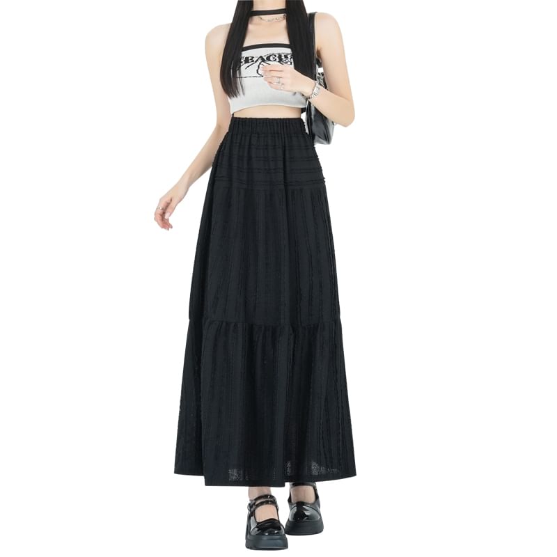 Skirt Elastic Waist Tiered Plain Midi A-Line