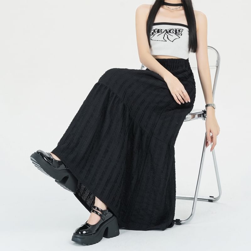 Skirt Elastic Waist Tiered Plain Midi A-Line