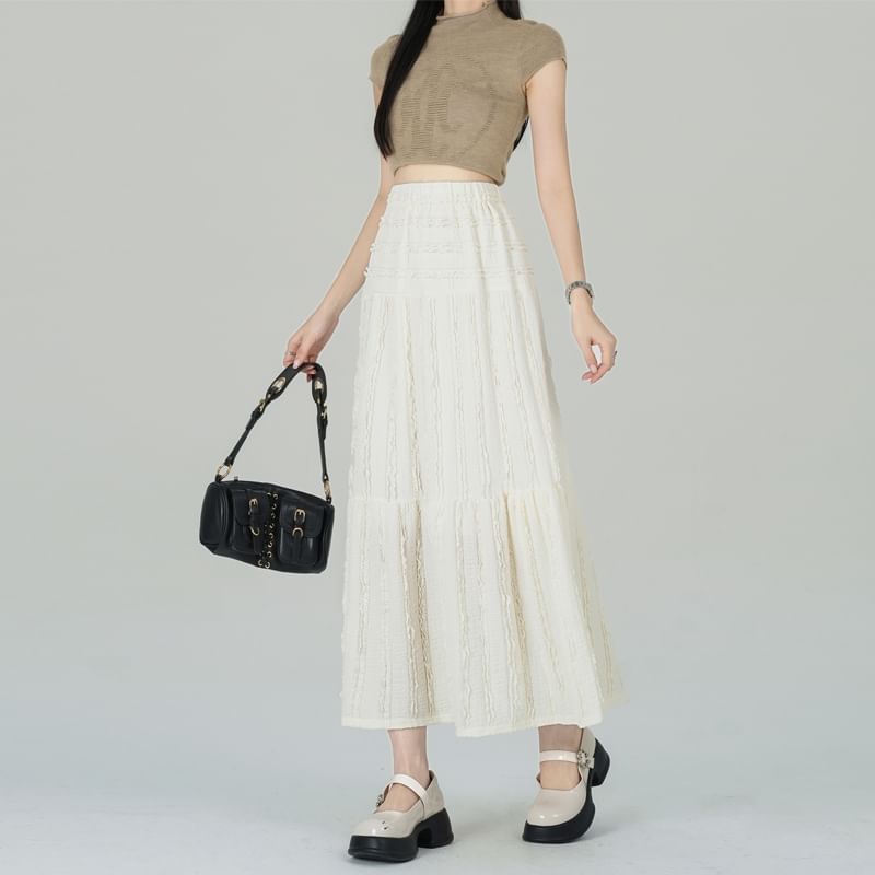 Skirt Elastic Waist Tiered Plain Midi A-Line