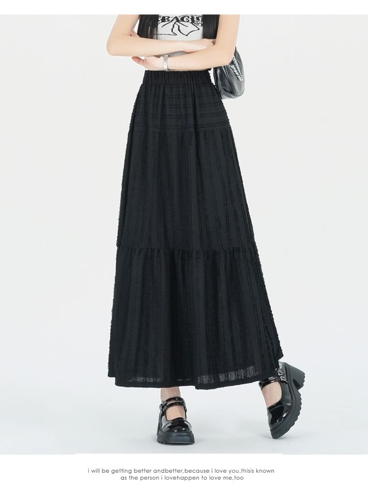 Skirt Elastic Waist Tiered Plain Midi A-Line